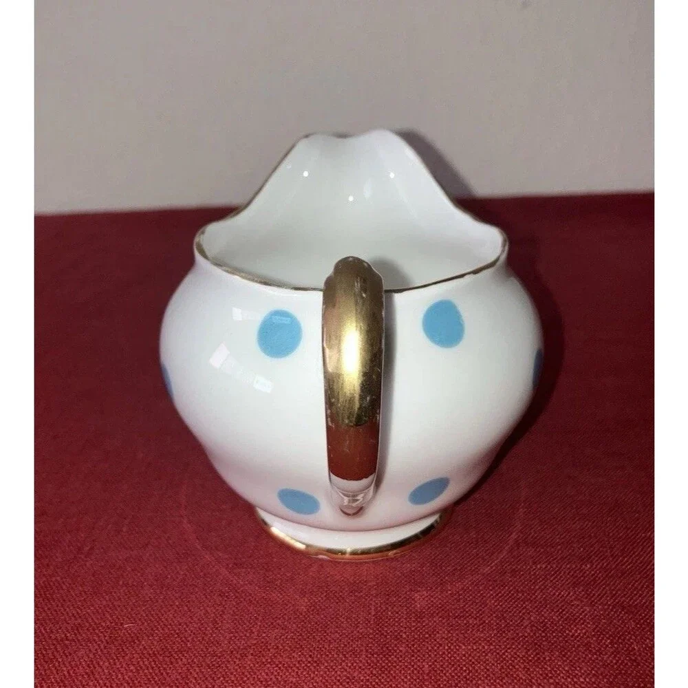 Vintage 1960s Royal Vale Bone China Blue & White Polka Dot Creamer Gold Trim